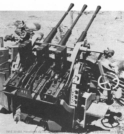 [Figure 232. Rear view of model 96 (1936) type 2, 25-mm AA/AT automatic cannon, triple mount.]
